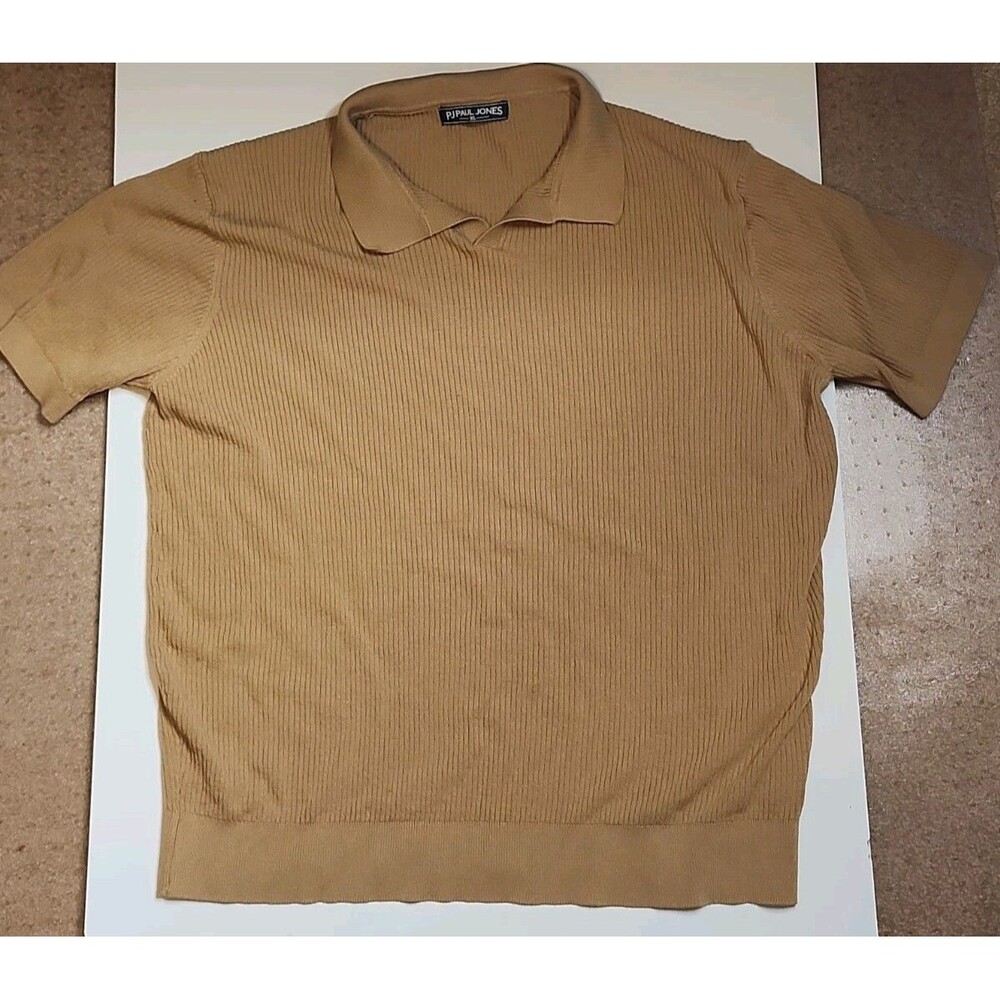 PJ Paul Jones Knit Polo Shirt Mens XL Tan Beige Short Sleeve Striped Textured